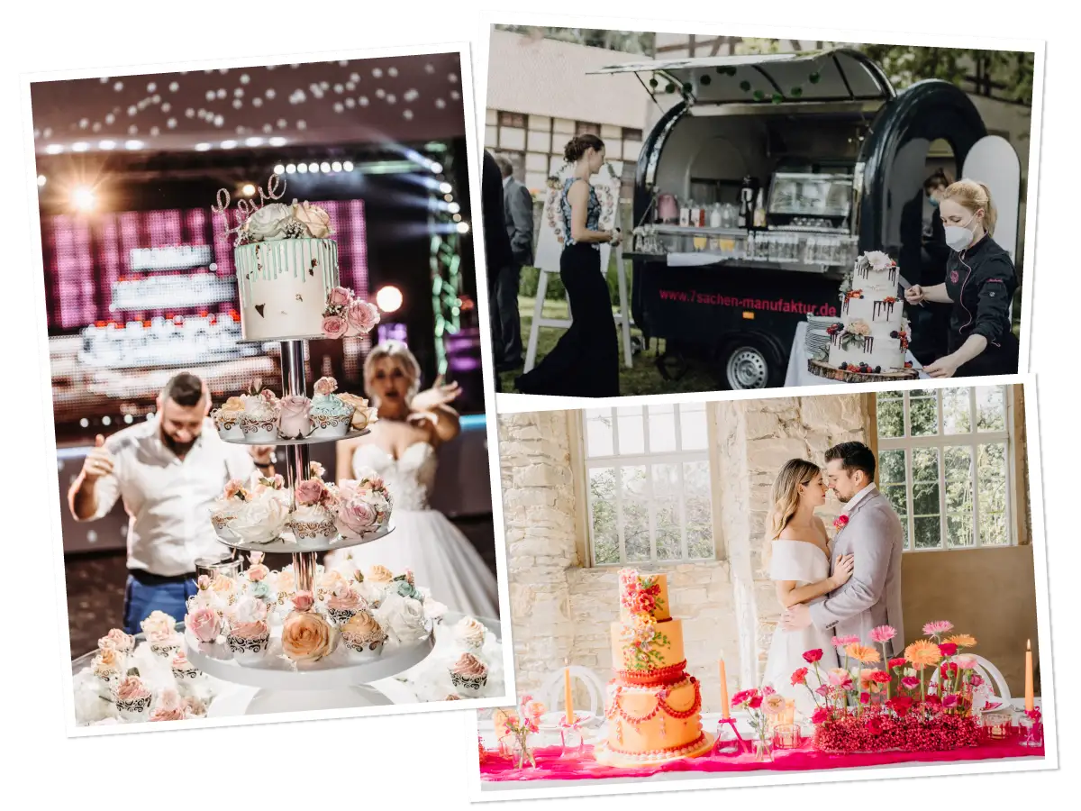 Hochzeitstorten und süße Buffets von 7 Sachen Manufaktur im Einsatz – mit Brautpaaren, Eventwagen und festlich dekorierten Tischen.