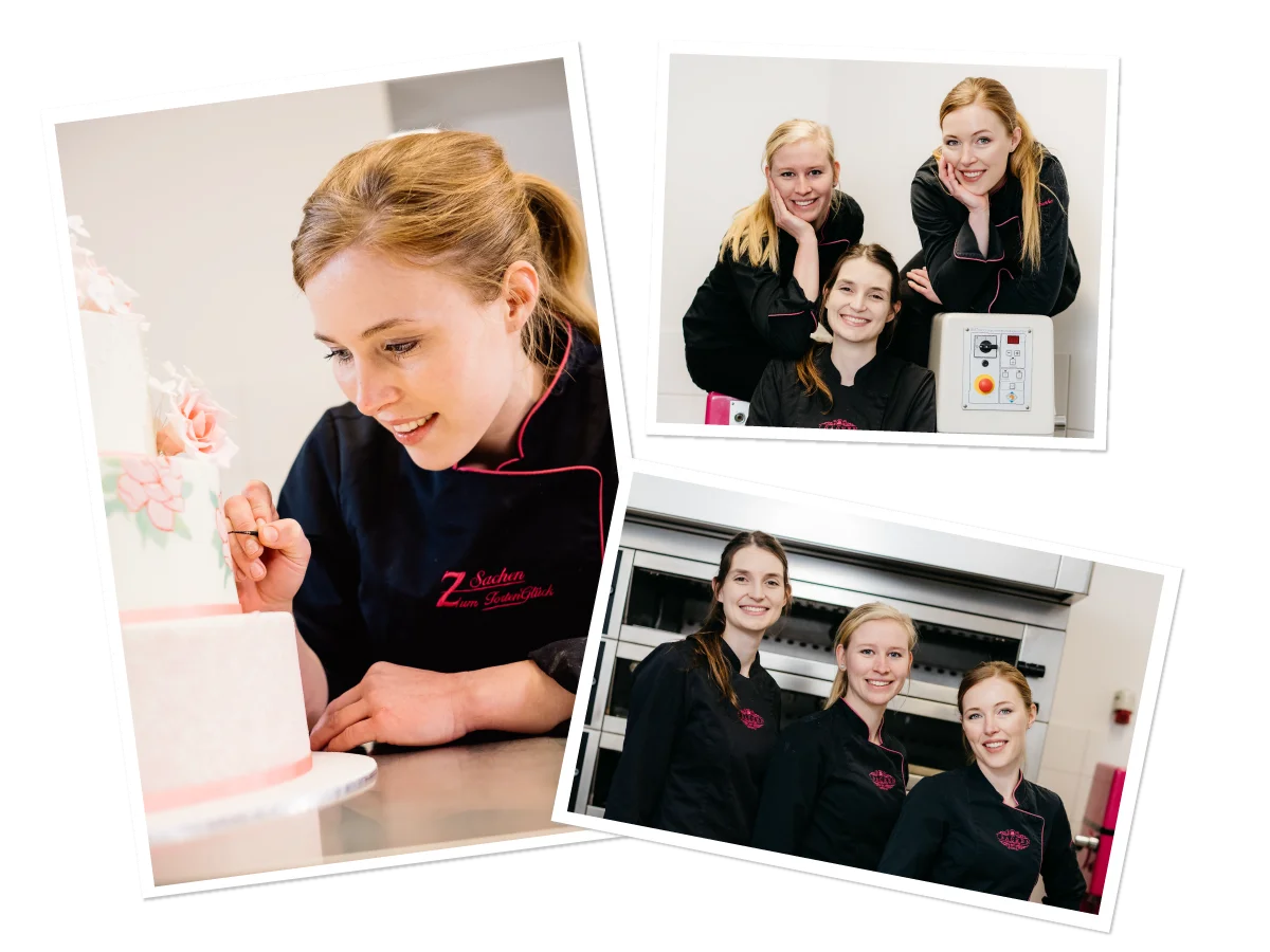 Konditormeisterin Luise Strothenke verziert eine Hochzeitstorte; daneben Gruppenfotos mit ihrem Team in der Backstube der 7 Sachen Manufaktur in Steinhagen.