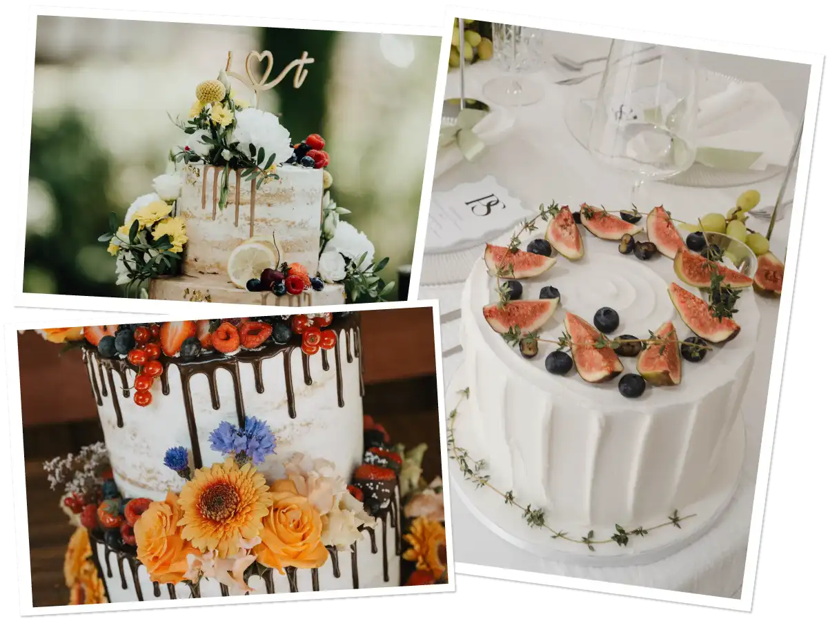 Drei individuell gestaltete Hochzeitstorten von 7 Sachen Manufaktur, dekoriert mit frischen Früchten, Blumen und Kräutern – stilvoll, natürlich und von Hand gefertigt.